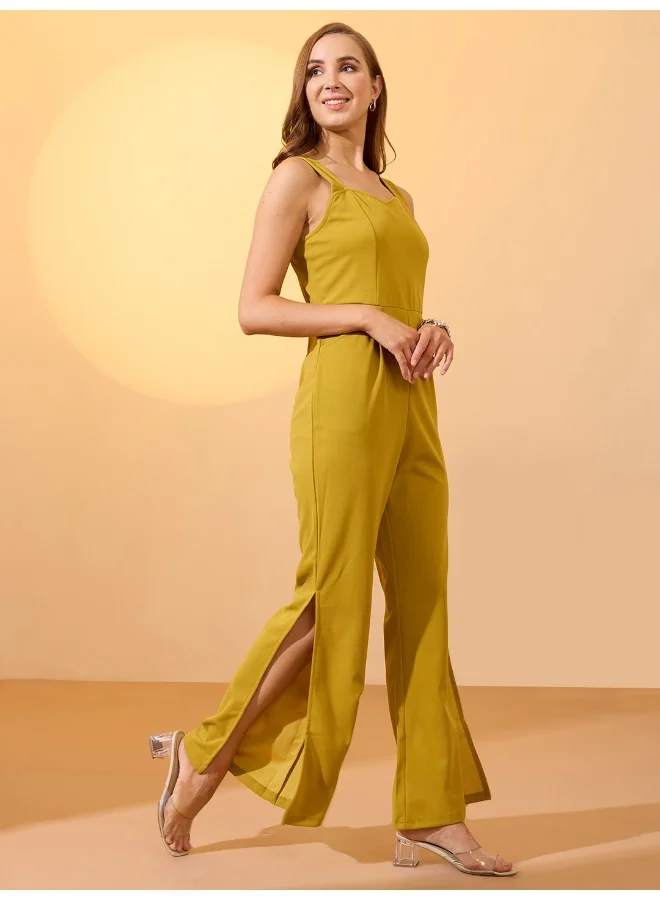 globus Women Sweetheart Neck Strappy Shoulder Solid Side Slit Hem Party Jumpsuit