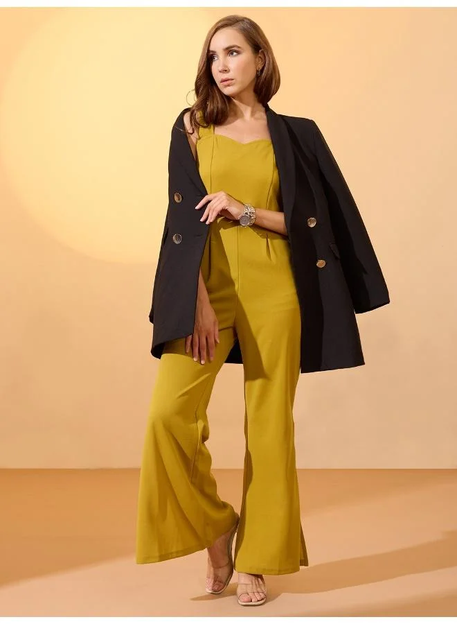 Globus Women Sweetheart Neck Strappy Shoulder Solid Side Slit Hem Party Jumpsuit