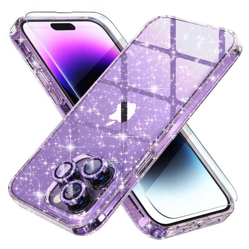 Choiche Compatible for iPhone 14 Pro Max Case Women Phone Case, Cute Bling Sparkly, Military Grade Protection, 3 Diamond Camera Lens Covers, 2 Tempered Glass Protectors, 6.7 inch (Glitter Purple) - Image 1