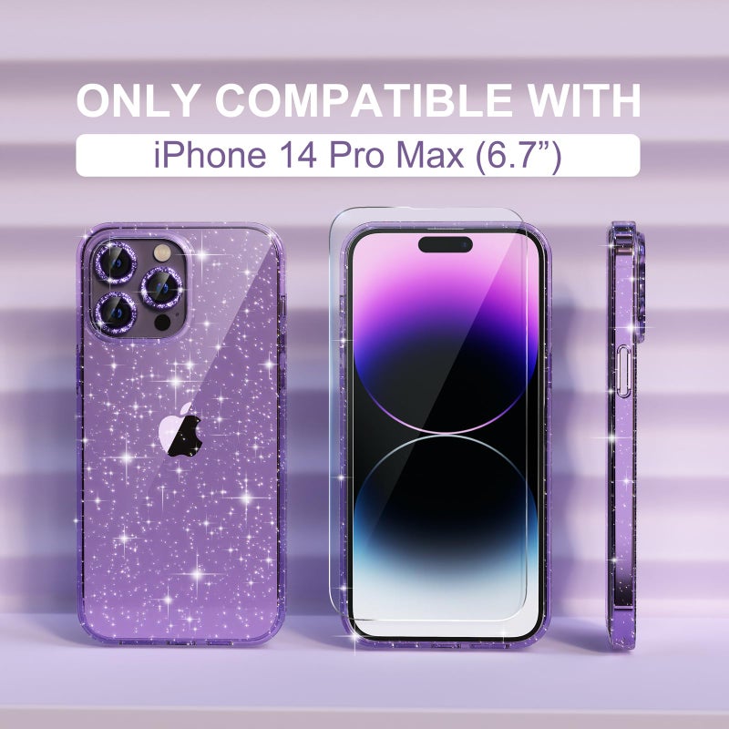 Choiche Compatible for iPhone 14 Pro Max Case Women Phone Case, Cute Bling Sparkly, Military Grade Protection, 3 Diamond Camera Lens Covers, 2 Tempered Glass Protectors, 6.7 inch (Glitter Purple) - Image 2