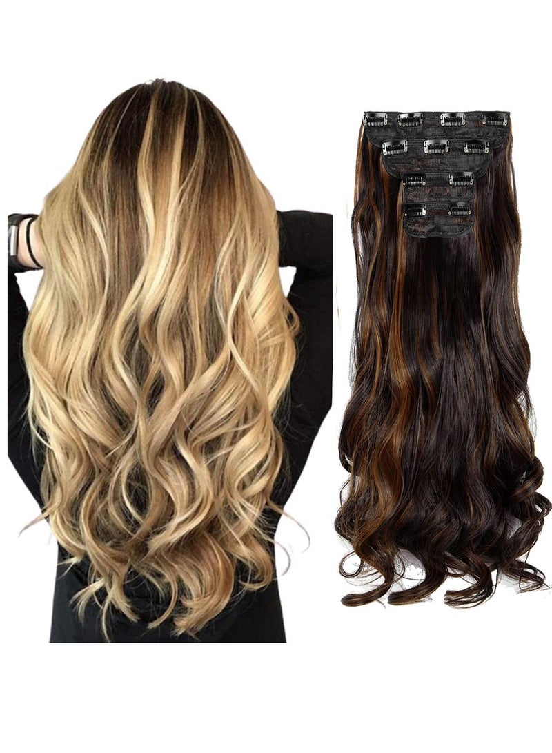 Estelle Clip in Hair Extensions 4Pcs 11Clips Curly Wavy Thick Full Head Double Weft Clip on Synthetic Hair Extension Wavy Hairpieces for Women Dark Brown Mix Light Auburn Curly - Image 1