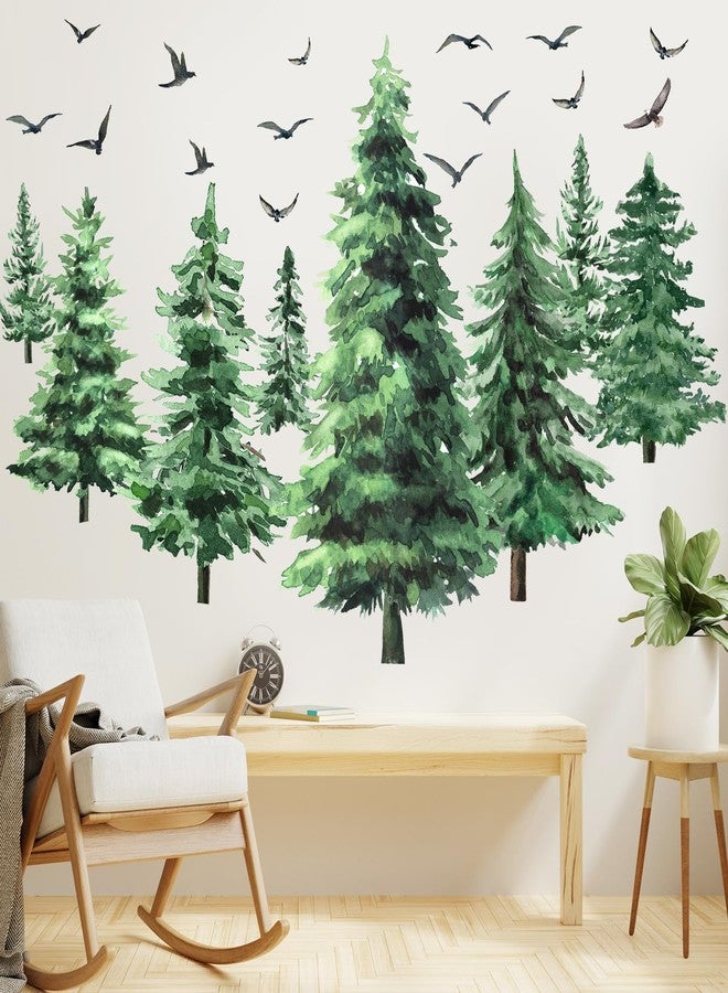 Qilery Watercolor Pine Tree Wall Decals Large Peel and Stick Forest Wall Decal Woodland Branch Birds Sticker Christmas Tree Stickers for Nursery Bedroom Living Room(Classic Style) - Image 1