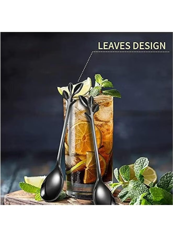 Black Coffee Spoons, IFeico Stainless Steel Ice-Cream Spoons, 4.7 inch Tea Demitasse Stirring Spoon, Smooth Edges, Dishwasher Safe, Mini Leaf Sugar Spoons for Dessert, Family Parties, Pack of 5  - Image 2
