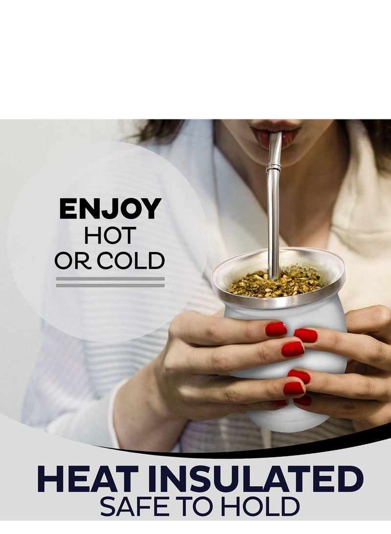 NIBEMINENT 230ml White Color Yerba Mate Tea Cup Stainless Steel Double Walled Easy Wash Household Insulation Gourds for Loose Leaf Drinking with Bombilla Straw - Image 5