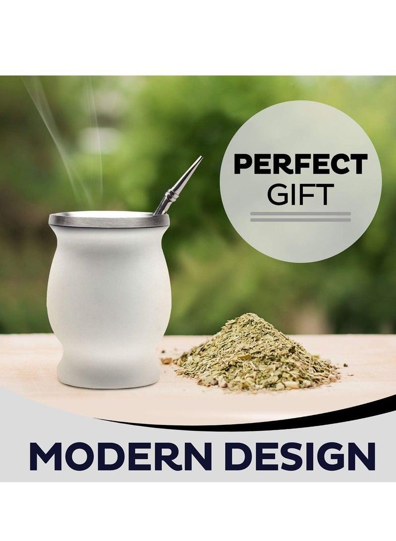 NIBEMINENT 230ml White Color Yerba Mate Tea Cup Stainless Steel Double Walled Easy Wash Household Insulation Gourds for Loose Leaf Drinking with Bombilla Straw - Image 3