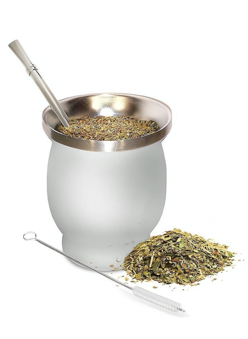 NIBEMINENT 230ml White Color Yerba Mate Tea Cup Stainless Steel Double Walled Easy Wash Household Insulation Gourds for Loose Leaf Drinking with Bombilla Straw - Image 1