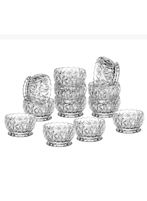 A set of 12 multi-use glass bowls with legs for nuts and sweets