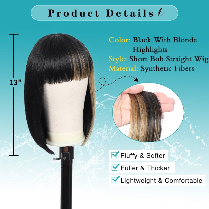 Kalyss Bob Wigs for Women Short Straight Bob Wig with Hair bangs Natural Looking Heat Resistant Synthetic Hair Wigs for Women 13 Inches (Black with Blonde Highlights) - Image 2