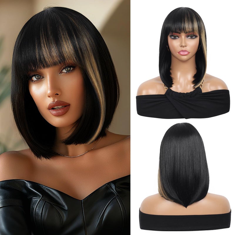 Kalyss Bob Wigs for Women Short Straight Bob Wig with Hair bangs Natural Looking Heat Resistant Synthetic Hair Wigs for Women 13 Inches (Black with Blonde Highlights) - Image 1