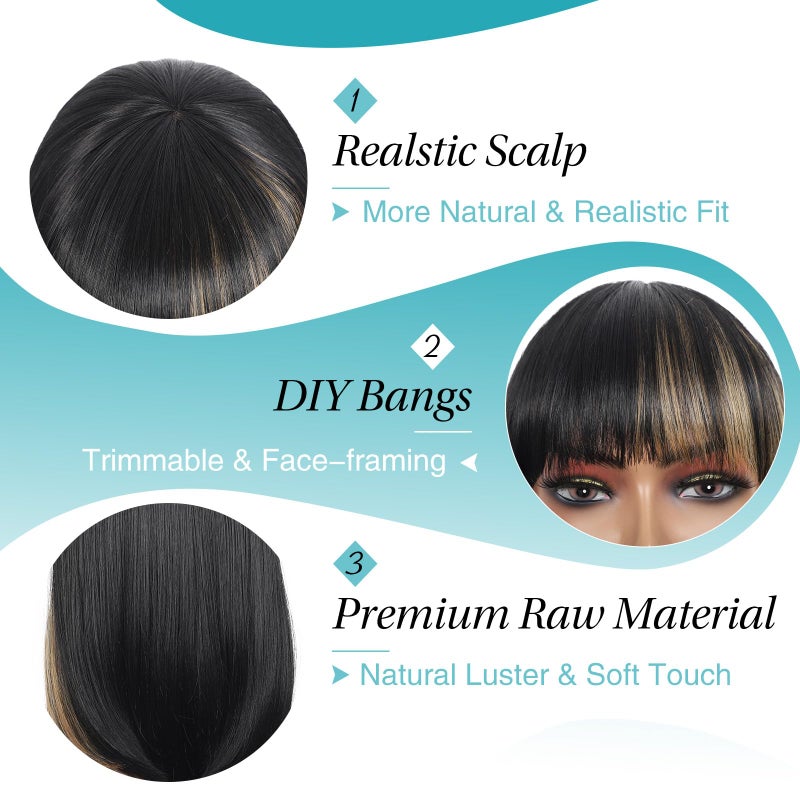 Kalyss Bob Wigs for Women Short Straight Bob Wig with Hair bangs Natural Looking Heat Resistant Synthetic Hair Wigs for Women 13 Inches (Black with Blonde Highlights) - Image 3
