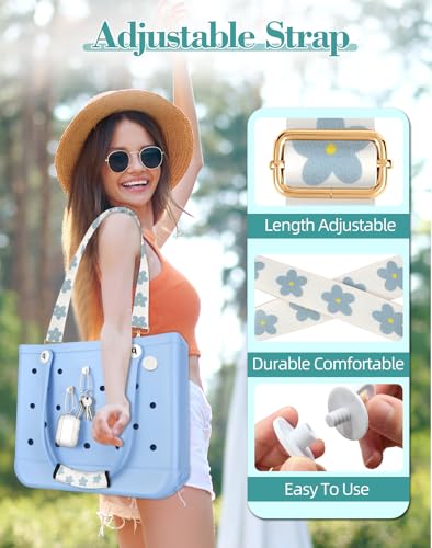 Toykee Bag Strap Charms Crossbody for Bogg Bag Accessories Shoulder Strap Neoprene Luggage Handle Wrap for Suitcase 2 Key Holders Blue Flower - Image 3
