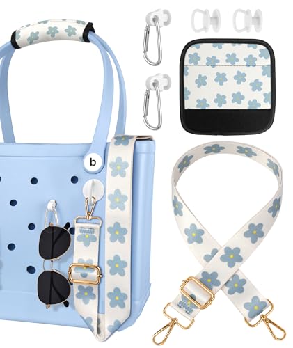 Toykee Bag Strap Charms Crossbody for Bogg Bag Accessories Shoulder Strap Neoprene Luggage Handle Wrap for Suitcase 2 Key Holders Blue Flower - Image 1
