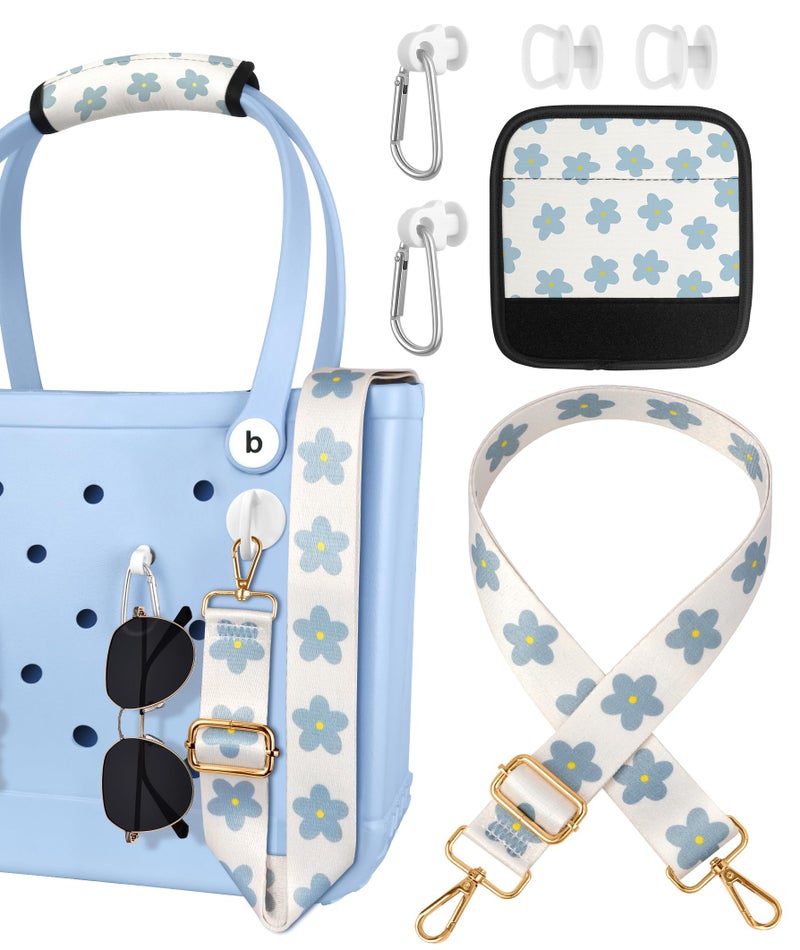 Toykee Bag Strap Charms Crossbody for Bogg Bag Accessories Shoulder Strap Neoprene Luggage Handle Wrap for Suitcase 2 Key Holders Blue Flower - Image 2