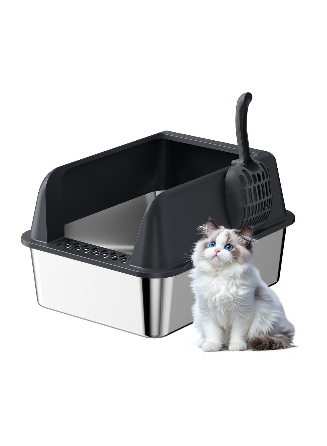 Large Stainless Steel Cat Litter Box with Litter Scoop Cat Toilet Cat Litter Tray High Wall Side Shell Non-Sticky Anti Splashing and Easy Clean 37*58*25cm