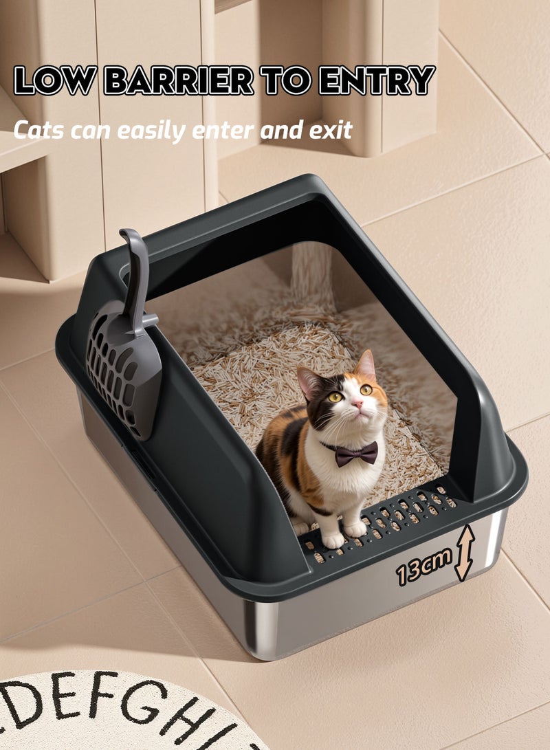 Kidle Large Stainless Steel Cat Litter Box with Litter Scoop Cat Toilet Cat Litter Tray High Wall Side Shell Non-Sticky Anti Splashing and Easy Clean 37*58*25cm - Image 4