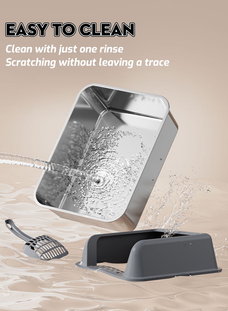 Kidle Large Stainless Steel Cat Litter Box with Litter Scoop Cat Toilet Cat Litter Tray High Wall Side Shell Non-Sticky Anti Splashing and Easy Clean 37*58*25cm - Image 2