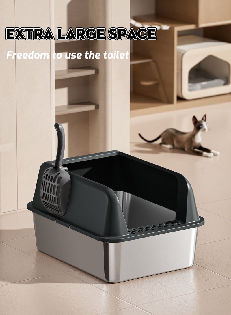 Kidle Large Stainless Steel Cat Litter Box with Litter Scoop Cat Toilet Cat Litter Tray High Wall Side Shell Non-Sticky Anti Splashing and Easy Clean 37*58*25cm - Image 3