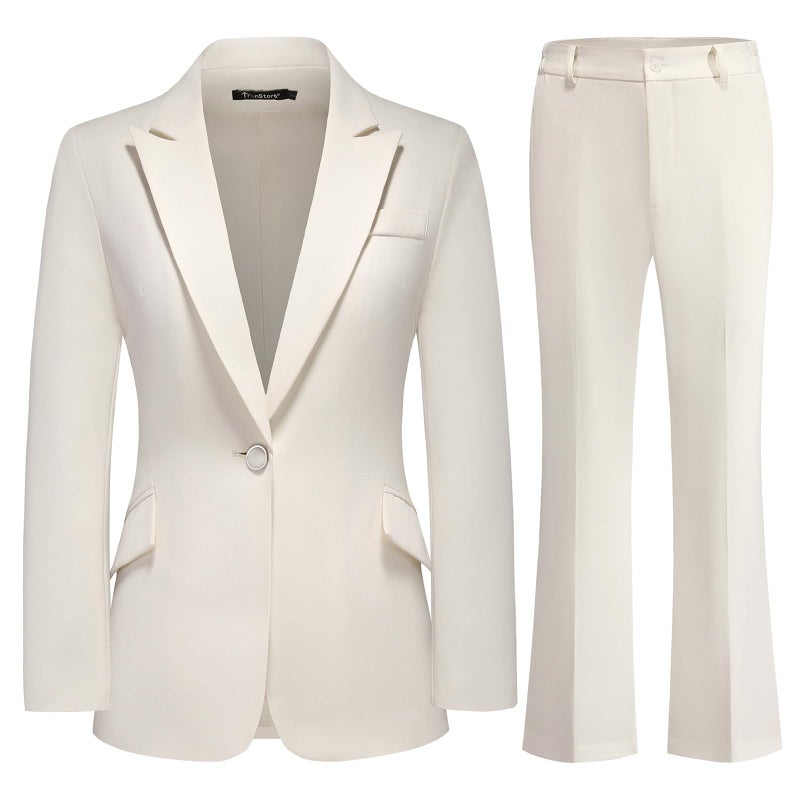 TRONSTORE Women's Suit 2 Piece Set Pinstripe Blazer and Bootcut Dressy Pants Set for Work Office Business Outfits-Apricot L - Image 1