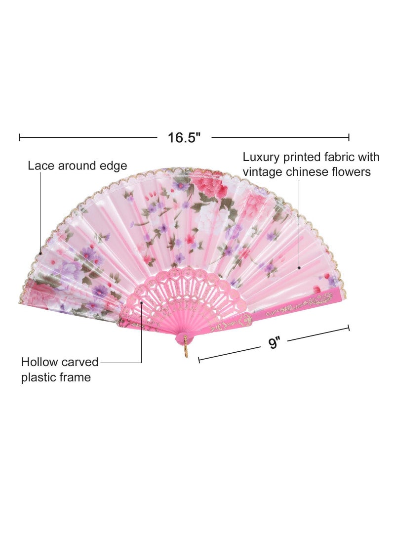 واي آند دي Folding Fans, Chinese Fan, 8PCS Floral Hand KASTWAVE Silk Bamboo Foldable Vintage Handheld Lace Fan with Different Flower Patterns Fabric for Dancing Party  - Image 5
