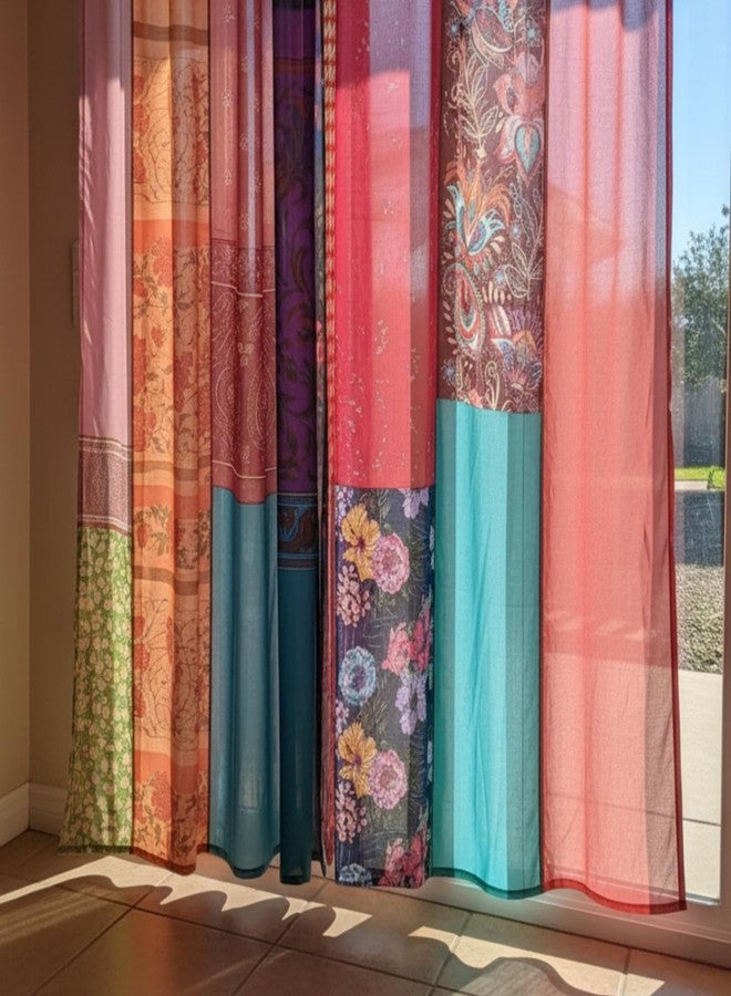 Oudain Indian Old Silk Blend Sari Curtains 1 Pair of 82 x 82 Inches Indian Imitation Patchwork Curtains Vintage Silk Blend Sari Multi Color Handmade Drapes Home Livingroom Bedroom Decor Curtain Panels - Image 5