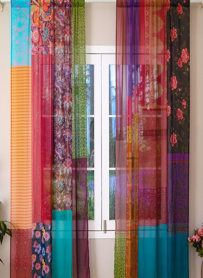 Oudain Indian Old Silk Blend Sari Curtains 1 Pair of 82 x 82 Inches Indian Imitation Patchwork Curtains Vintage Silk Blend Sari Multi Color Handmade Drapes Home Livingroom Bedroom Decor Curtain Panels - Image 1
