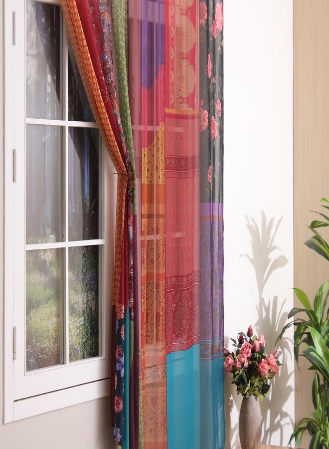 Oudain Indian Old Silk Blend Sari Curtains 1 Pair of 82 x 82 Inches Indian Imitation Patchwork Curtains Vintage Silk Blend Sari Multi Color Handmade Drapes Home Livingroom Bedroom Decor Curtain Panels - Image 2