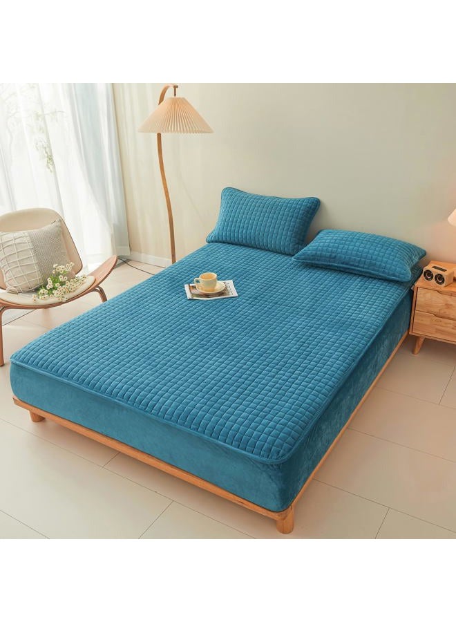 LweiPsqLin Quilted Flannel Fitted Sheets,Soft Flannel Fleece Mattress Top- Suitable for Fall and Winter,Fitted Deep Pocket Up to 15''-18''. (Blue, Twin) - Image 2