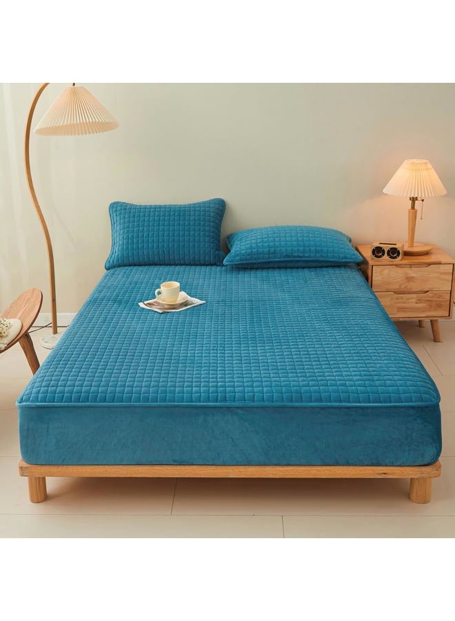LweiPsqLin Quilted Flannel Fitted Sheets,Soft Flannel Fleece Mattress Top- Suitable for Fall and Winter,Fitted Deep Pocket Up to 15''-18''. (Blue, Twin) - Image 1