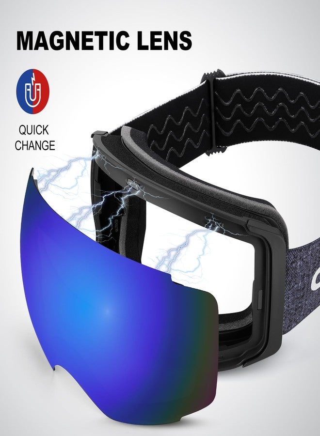 Odoland Magnetic Interchangeable Ski Goggles with 2 Lens, Large Spherical Frameless Snow Snowboard Goggles for Men Women, Black Frame Blue Lens - Image 3