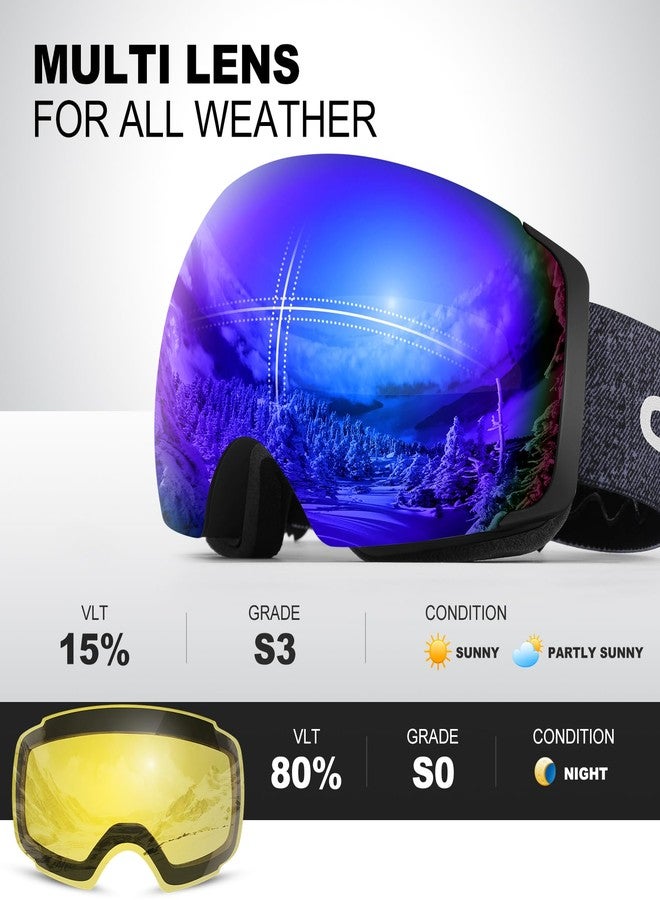 Odoland Magnetic Interchangeable Ski Goggles with 2 Lens, Large Spherical Frameless Snow Snowboard Goggles for Men Women, Black Frame Blue Lens - Image 2