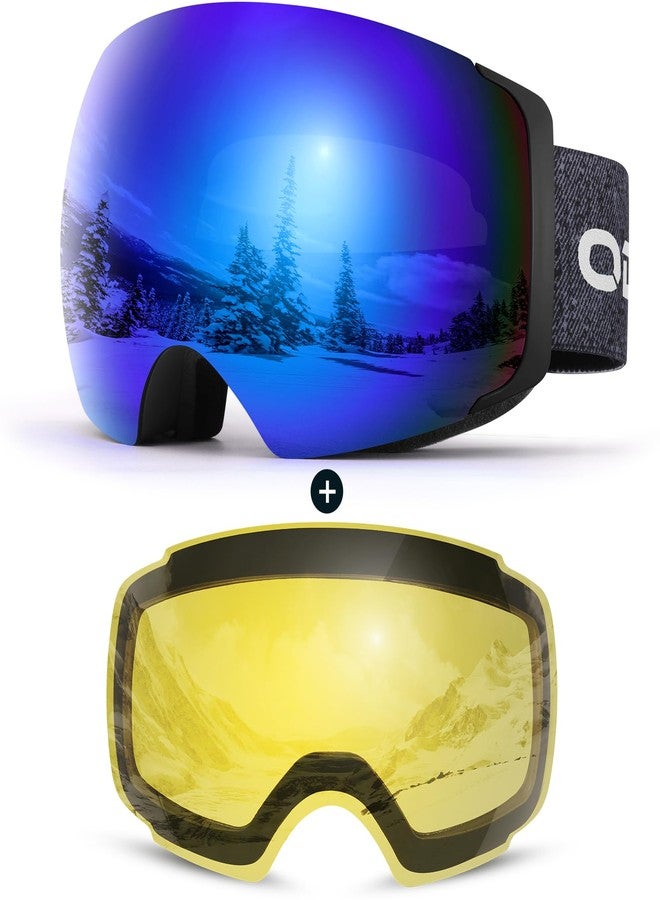 Odoland Magnetic Interchangeable Ski Goggles with 2 Lens, Large Spherical Frameless Snow Snowboard Goggles for Men Women, Black Frame Blue Lens - Image 1