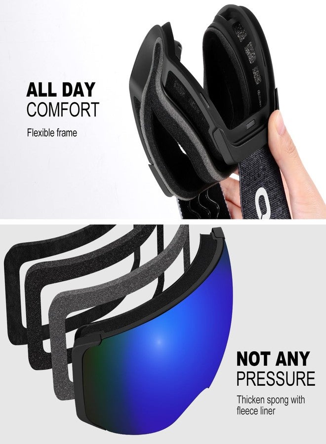 Odoland Magnetic Interchangeable Ski Goggles with 2 Lens, Large Spherical Frameless Snow Snowboard Goggles for Men Women, Black Frame Blue Lens - Image 5