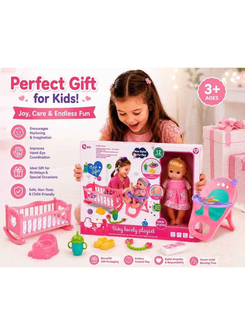 Toy Land Baby Doll Playset with Cradle, Feeding Chair, Potty, Bottle and Accessories, Sound Effects for Kids 3+ Years - Image 4