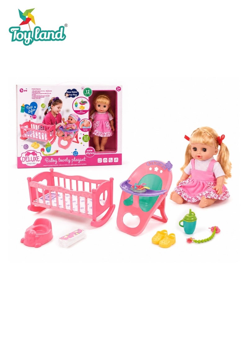 Toy Land Baby Doll Playset with Cradle, Feeding Chair, Potty, Bottle and Accessories, Sound Effects for Kids 3+ Years - Image 1