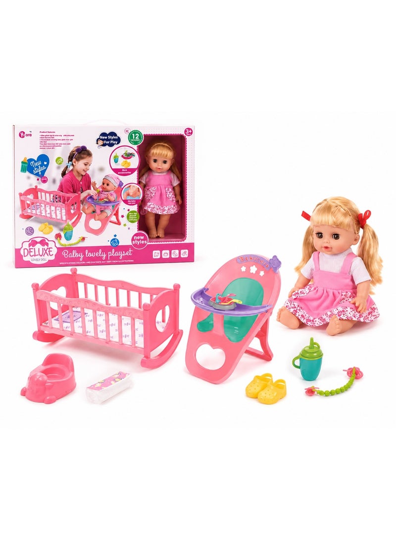 Toy Land Baby Doll Playset with Cradle, Feeding Chair, Potty, Bottle and Accessories, Sound Effects for Kids 3+ Years - Image 3