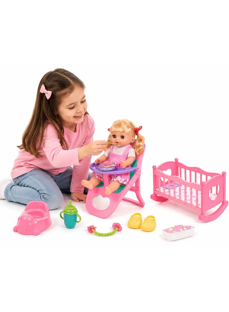 Toy Land Baby Doll Playset with Cradle, Feeding Chair, Potty, Bottle and Accessories, Sound Effects for Kids 3+ Years - Image 2