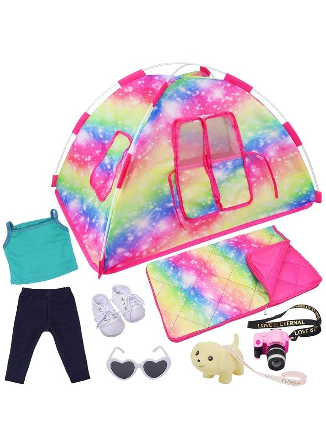 ZITA ELEMENT ZITA ELEMENT 7 Items Fashion Doll Camping Tent Set for 18 Inch Girl Doll Accessories - Including 18 Inch Doll Camping Tent, Sleeping Bag, Clothes Set, Shoes, Camera, Eye Glasses and Toy Dog  - Image 4