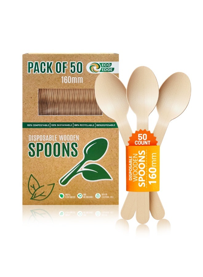 EcoEdge Disposable Compostable Wooden Sturdy Spoon (50 Pack) 160 MM | Bamboo/Birch, Plant Based, Smooth Hand-Finished FSC-Certified, Reusable | For Home, Office, Dining, Weddings | 100% Sustainable - Image 1