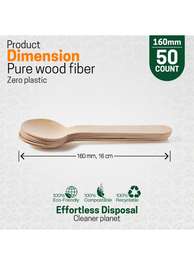 EcoEdge Disposable Compostable Wooden Sturdy Spoon (50 Pack) 160 MM | Bamboo/Birch, Plant Based, Smooth Hand-Finished FSC-Certified, Reusable | For Home, Office, Dining, Weddings | 100% Sustainable - Image 3