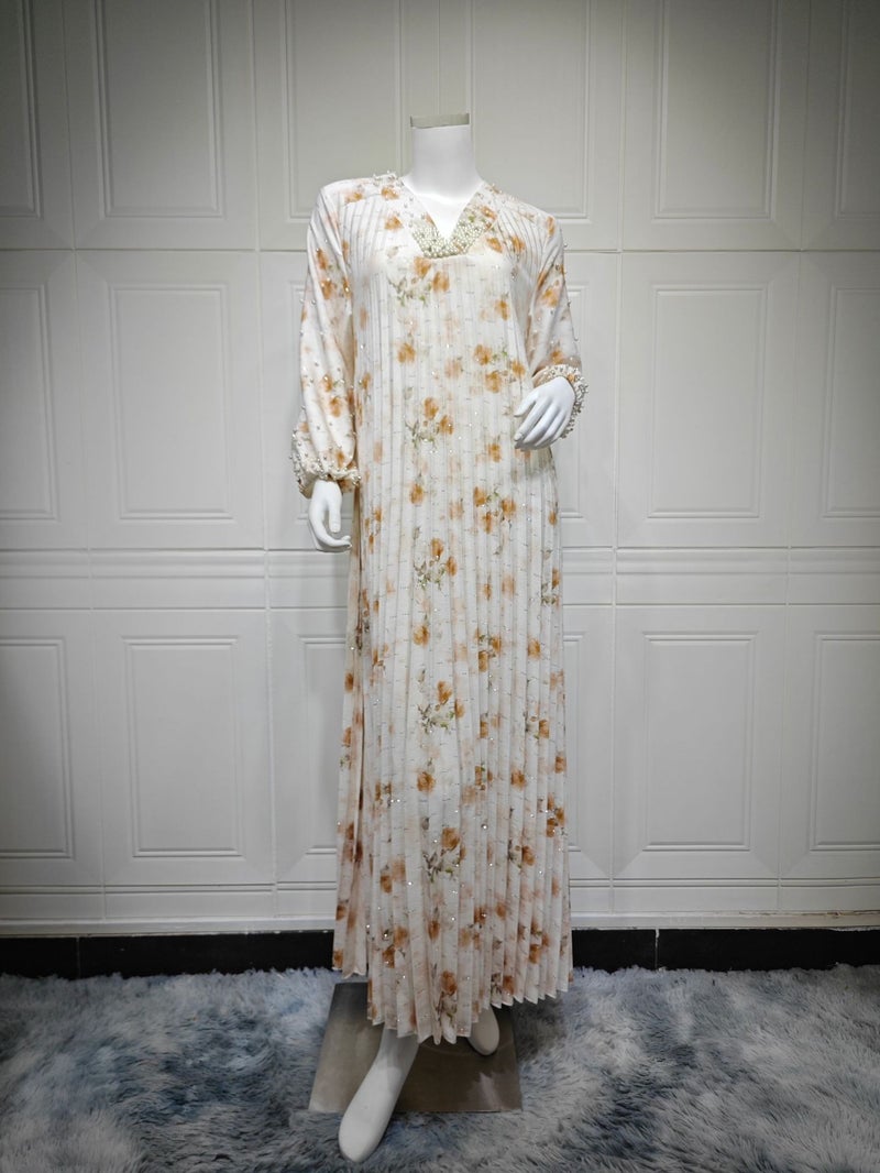 AB546 Fashion Printed Pleated Long Sleeve Dress with Beaded Details - Casual Jalabiya