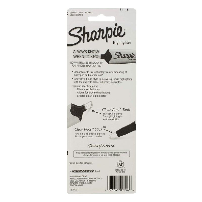 Sharpie Clear View Highlighter Stick, Yellow, 3/Pack (1950745) - Image 5