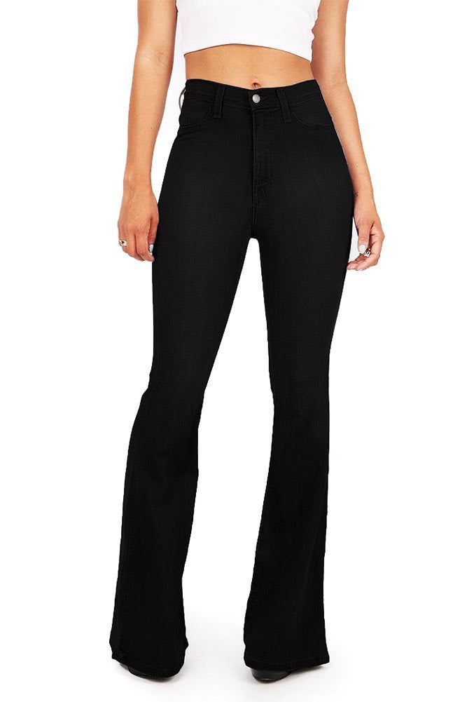 Vibrant Women's Juniors Bell Bottom High Waist Fitted Denim Jeans,Jet Black Denim,9 - Image 1