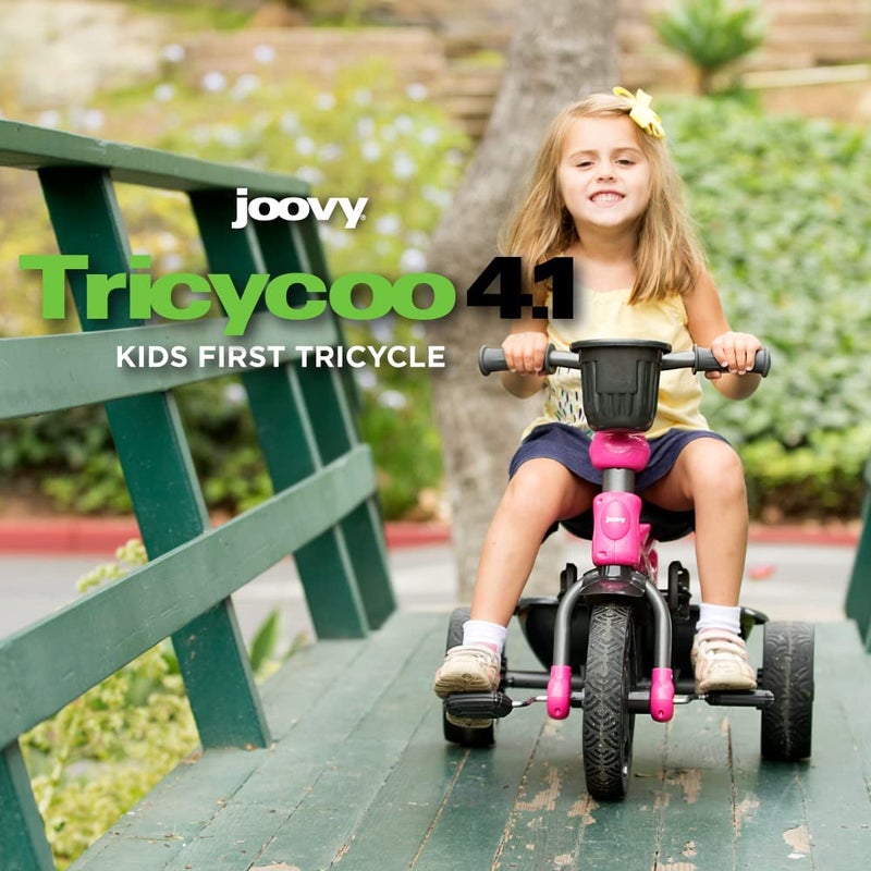 Joovy Tricycoo 4.1 Kids Tricycle with 4-Stages Featuring Extra-Wide Front Tire, Removable and Adjustable Parent Handle, Safety Harness, Machine-Washable Seat Pad, and Retractable Canopy (Pink) - Image 2