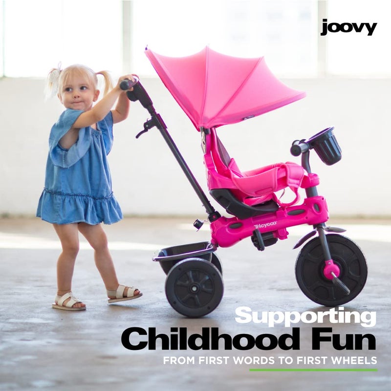 Joovy Tricycoo 4.1 Kids Tricycle with 4-Stages Featuring Extra-Wide Front Tire, Removable and Adjustable Parent Handle, Safety Harness, Machine-Washable Seat Pad, and Retractable Canopy (Pink) - Image 4