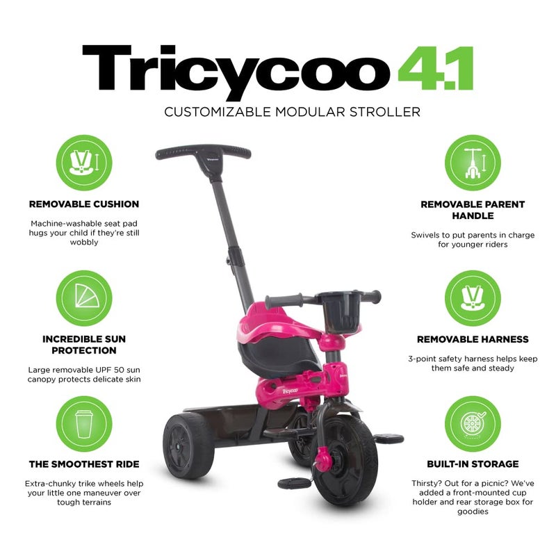 Joovy Tricycoo 4.1 Kids Tricycle with 4-Stages Featuring Extra-Wide Front Tire, Removable and Adjustable Parent Handle, Safety Harness, Machine-Washable Seat Pad, and Retractable Canopy (Pink) - Image 5