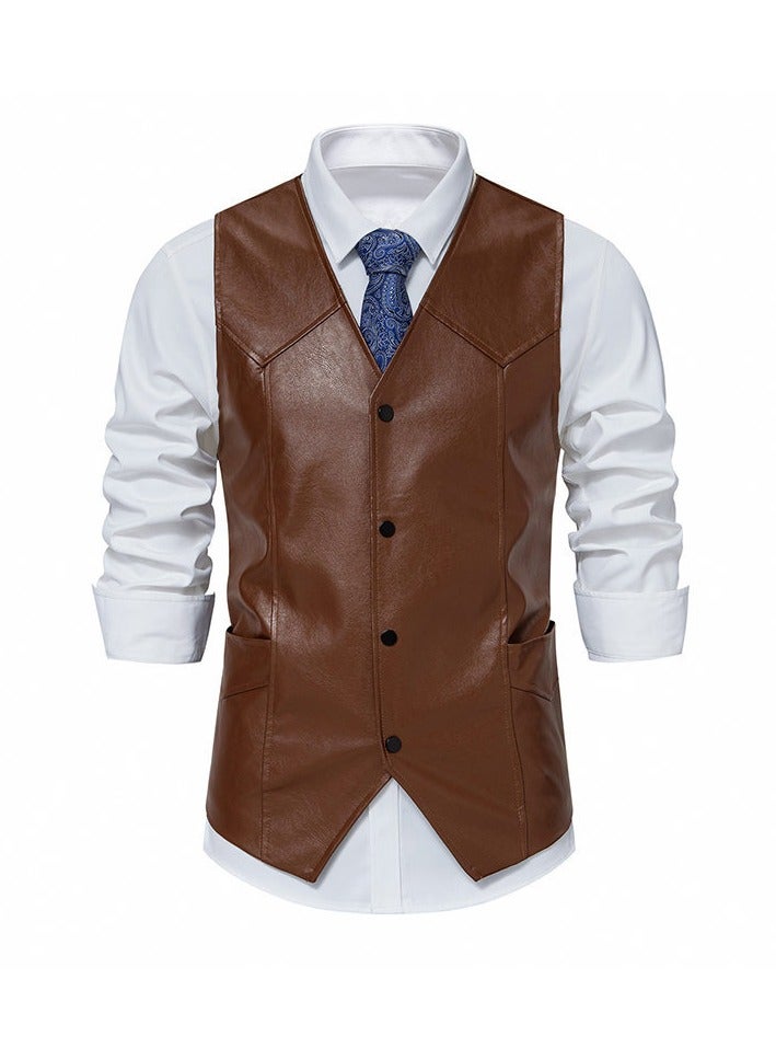 KUYING New Men's PU Leather Solid Color Retro Men's Motorcycle Vest  - Image 1