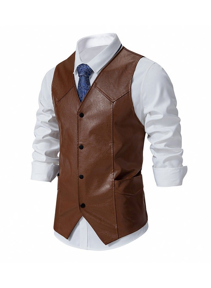 KUYING New Men's PU Leather Solid Color Retro Men's Motorcycle Vest  - Image 2
