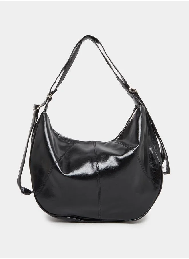 ستايلي Styli Solid Leather Shoulder Bag with Zip Closure