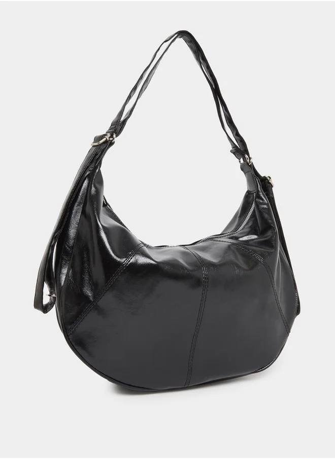 ستايلي Styli Solid Leather Shoulder Bag with Zip Closure