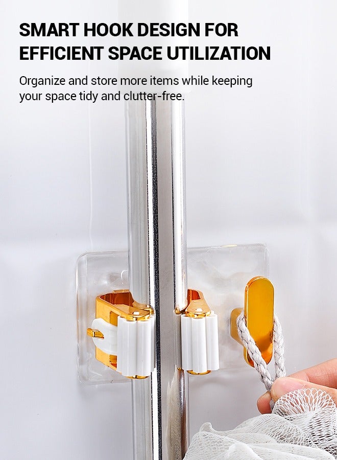 Luxurious Wall-Mounted No-Drill Removable Water Wave Broom Mop Holder Bathroom Organizer, Heavy Duty Adhesive, No Trace - Set of 6, Gold  - Image 4